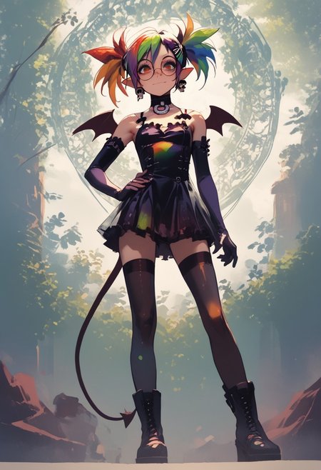 score_9, score_8_up, score_7_up, score_6_up, 1girl, solo, sexy, source anime, 1girl, solo, sexy, source anime, confused, 1girl, solo, intricatehair, twintails, pointy ears, red eyes, skull earrings, choker, wings, elbow gloves, skirt, tail, thighhighs, boots
Alchemy lab, magic circle, looking at viewer,  hand on hips, sexy smirk, from below, Mycelia, (rainbow colored hair), candy hairclip, round glasses, green eyes, freckles, petite