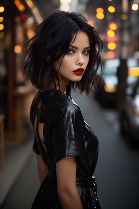 1girl, bellissima, blurry, big round breasts, dress, eyelashes, from side, jeans, leather, glossy lips, long hair, looking at viewer, mole, necklace, parted lips, realistic, short hair, solo, wearing an open shirt, seductive look,half body shot,by Ellen von Unwerth