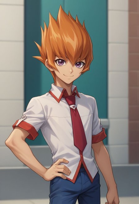 score_9, score_8_up, source_anime, highly detailed, 
rei, 1boy, solo, male focus, purple eyes, necktie, hand on hip, smile, school uniform, pants, red necktie, orange hair, looking at viewer, blue pants, shirt, upper body,
outdoor,