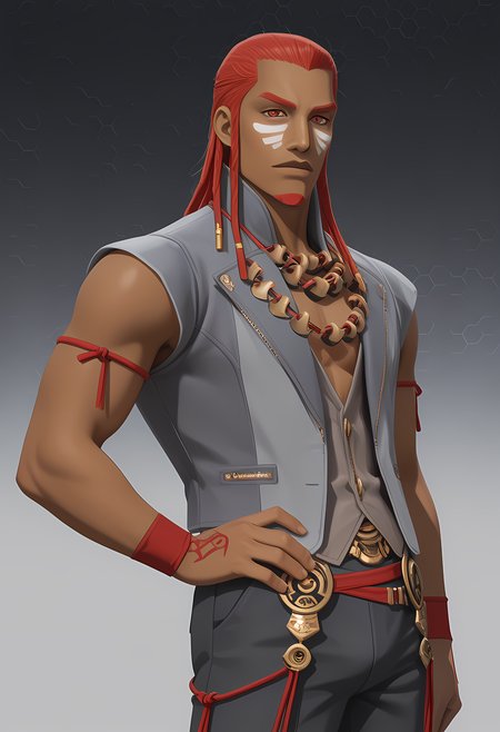 masterpiece, best quality, amazing quality, dutch angle, abstract background, BREAK
1boy, solo, male focus, dds_lupa, long hair, dreadlocks, dark skin, red eyes, facial hair, goatee, necklace, grey vest, pants, BREAK
<lora:cfg_scale_boost:.6>  <lora:Lupa_-_Digital_Devil_Saga_-_ILXL:0.8>
