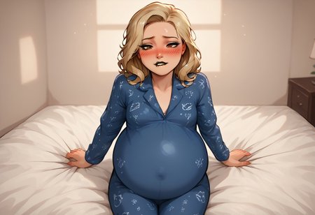 score_9, score_8_up, score_7_up, 1girl, shoulder length blonde hair, brown eyes, black eyeshadow, black mascara, black lipstick, thin eyebrows, curtain bangs, sidelocks, (messy hair), (half-closed-eyes:1.4), (naughty face), (three quarter view), bored, (looking at belly), toned, (selfie:0.4), diffused lighting, dynamic lighting, sitting on bed, tight belly, hand resting on belly, leaning back, axel_rosered, hornaroublush, hose in butt, inflated belly, blue pajamas, high angle