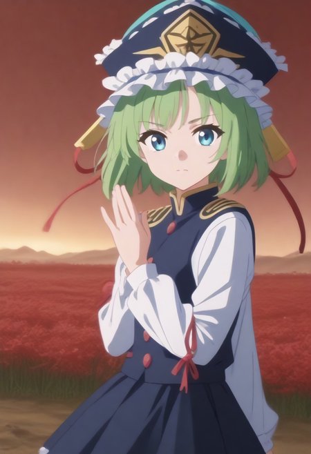 1girl, solo, solo focus, highres, absurdres, shikieiki, green hair, frilled hat, blue eyes, blue headwear, short hair,
long sleeves, black skirt, white shirt, blue vest, red ribbon, epaulettes, small breasts, arm ribbon, buttons, 
looking at viewer, head tilt, from side, bare hands, hand up,
red spider lily, flower field, night sky, red sky, dark, red theme,