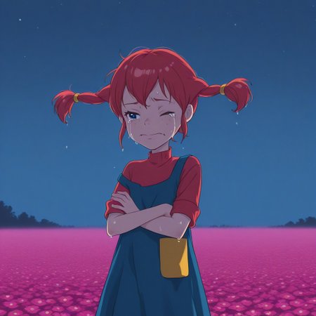 Pippi, 1girl, redhead, high pigtails with rubber bands, freckled face, short blue dress, yellow pocket on the dress, red t-shirt
Pippi, half-length, arms crossed, with a sad and tired expression, one eye closed, crying. Her hair is wet and disheveled. In the background, a field of flowers at night on a rainy day, illuminated by the moon and more stars. Sky-blue neon lights.