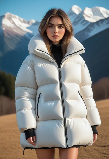 ((((sherpa puffer padded jacket)))), ((((sharpa puffer padded coat)))), ((((puffer skirt)))), ((((cowboy shot)))), ((((from back)))), standing, winter, snow, mountains, 1girl, solo, (masterpiece), (detailed face, detailed eyes), (beautiful detailed eyes:1.5), sidelighting, (super detail, hyper detail, intricate_details, detailed), looking at viewer, (semi realistic:1.6), very detailed face, (Blonde hair), (white hair), absurdly long hair, hair between eyes, (straight hair), (green eyes), put your hair behind your ears, eyelashs, eyeliner, (eye shadow:0.5), wet hair, sweat, white skin, Angry face, (blush), padded cuffs, padded collar, Thick padded cuffs, Thick padded collar, <lora:Collar-SDXL:0.6>, <lora:Cuffs-SDXL:0.6>, <lora:Puffer_Jacket_and_Down_Jacket_-_Extra_Puffy_Jackets:0.6>,  <lora:puffer_skirt_v1:0.6>
