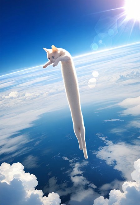 longcat (meme), no humans, cat, sun, above clouds, sky, cloud, day, animal focus, outdoors, lens flare, scenery, blue sky, ocean, horizon, sunlight, white cat, floating, earth \(planet\), space, star \(sky\),  
masterpiece, best quality, amazing quality, very aesthetic, absurdres,
<lora:concept_longcat_Illustrious_V2L:1>