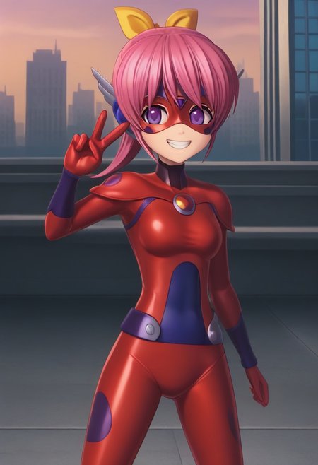 1girl, solo, rinmarineatoz, pink hair, ponytail, hair bow, yellow bow, purple eyes, oft_ldybg, domino mask, red polka dot bodysuit, outdoors, cityscape, v, peace, standing, cowboy shot, smile, grin,