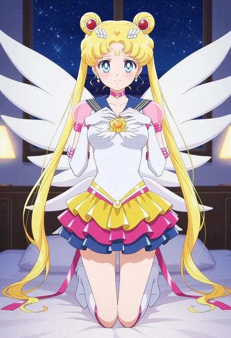 1girl,solo,<lora:eternal_sailor_moon.v3:1>,tsukino usagi,sailor moon,magical girl,blue eyes,sailor senshi uniform,twintails,sailor collar,jewelry,hair bun,crescent facial mark,forehead mark,choker,hair ornament,brooch,earrings,elbow gloves,layered skirt,multicolored skirt,star \(symbol\),see-through sleeves,puffy short sleeves,ribbon,knee boots,wings,
looking at viewer,blush,smile,hands_on_own_chest,breasts,kneeling on bed,night,hotel bedroom,
masterpiece,best quality,amazing quality,