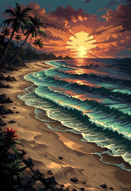 score_9, score_8_up, score_7_up, yamer_pixel_fusion, pixel art, beach, ocean, sunset, hyper-detailed, retrowave, lofi, d3p1x3l, pixel art