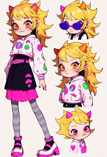 zPDXL, zPDXLxxx, score_9, score_8_up, score_7_up, score_6_up, BREAK CharacterDesignXL, reference sheet, (full body, from side, front:1.1), upper body, cartoon, homestuck, solo, simple background, transparent background, full body, standing, messy blonde hair, long hair, sunglasses, smile, leather jacket, crop jacket, white jacket, black dress, pink dress, pencil skirt, pink stripes on dress, belt, grey stockings, high heels,