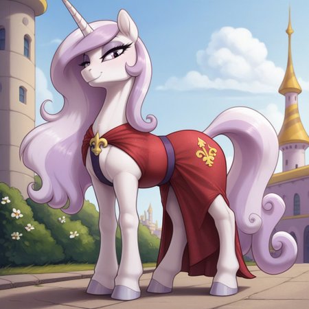 score_9, score_8_up, score_7_up, score_6_up, pony, unicorn, feral, mare, solo, solo female, (fleur de lis),  anatomically correct, no breasts, outdoor, Canterlot, tail, (standing on 4 legs), photo_realistic, red dress, looking at you, front view, dramatic angle,