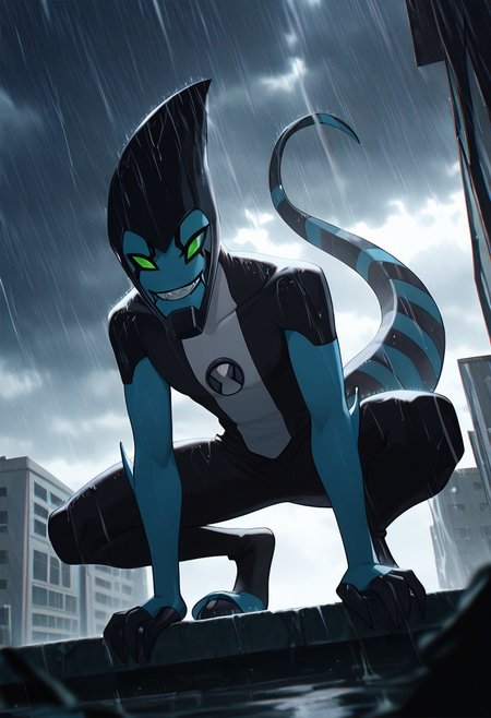 masterpiece, best quality, amazing quality, very aesthetic, absurdres, newest,, detailed background, 
 movie scene, cinematic scene, cinematic, foreground blur, depth of field, 
xlr8, blue skin, green eyes, 1boy, stripped tail, reptile tail, green sclera, pokemon (creature), alien, black chin,
big smile, sharp teeth, grin, 
on building, crouching, heavy rain, smile, looking at viewer, big smile, teeth, grin, gray sky, cloudy,