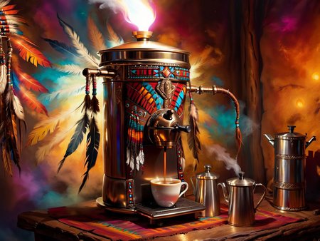 <lora:CulturePunkAI_1Pruned:.9> TotemPunkAI Sioux  coffee machine   (Highly detailed, amazing fantasy setting), (Shiny Impressive lighting), (Colorful, Ultra Realistic, High quality, Highly detailed, Sharp focus, 8K UHD, Art photography), (trending on artstation)