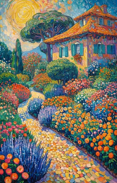 masterpiece,best quality,<lora:tbh130-sdxl:0.7>,spaceship in flower garden,illustration,oil painting,style of Paul Signac,