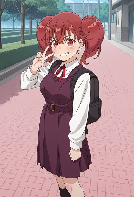 highres, best quality, masterpiece, outdoors,
anime screencap,
1girl, solo, edmfkoma, twintails, red hair, red eyes,
school uniform, collared shirt, white shirt, red ribbon, long sleeves, brown dress, purple dress, pinafore dress, black socks,
looking at viewer, blush,
backpack, black bag, from side, v, smile, teeth,
<lora:_koma_otaku_elf-elesico-ilxl:1>