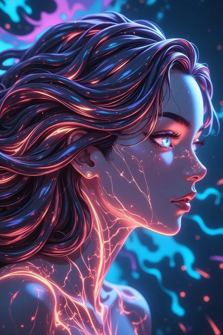 A portrait of a woman with flowing hair made entirely of molten glass, shimmering and reflecting light in mesmerizing patterns. Her eyes are made of liquid mercury, giving them a surreal, fluid quality as they catch the light in various hues. Her skin is translucent, with veins of glowing neon running through it, like circuitry in a living machine. The background is a swirling vortex of abstract, iridescent colors that seem to merge with her form, blurring the lines between her and the environment. The overall composition is otherworldly, blending elements of futuristic technology and organic beauty.<lora:aesthetical-000003:0.15><lora:aidmaNSFWunlock-FLUX-PonyStyle-v0.1:0.15><lora:Flux-jijia:0.1><lora:GLSHS:0.6>