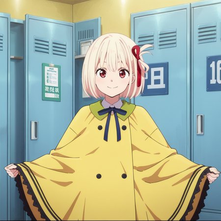 nsfw, masterpiece,best quality,amazing quality,1girl, solo,  lycoris_recoil_chisato_nishikigi, blonde hair, red eyes, ribbon, smile, hair ribbon, short hair, red ribbon, solo, bangs, bob cut, blue ribbon, raincoat, looking at viewer, yellow raincoat, poncho, one side up, neck ribbon,  closed mouth, indoor, locker, <lora:Chisato_Nishikigi_-_Lycoris_Recoil:0.7>