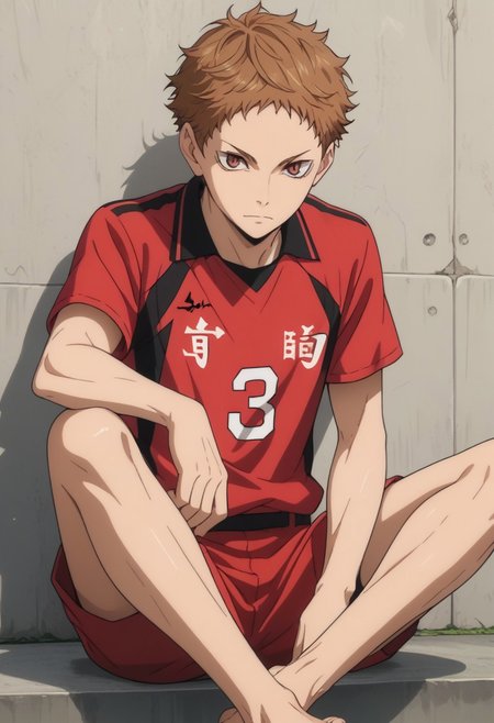 score_9, score_8_up, score_7_up, source_anime, rating_safe, Yakaikyu, 1boy, male focus, anime screencap, slit pupils, red Nekoma shirt, red Nekoma shorts, outstretch legs, sitting, feet cut off,