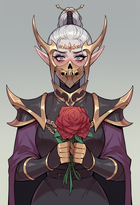 score_9, score_8_up, score_7_up,
DreadLord, elf, woman, solo, pale gray skin, white hair, helmet, mask,
holding a boquet of roses, blushing, embarrassed,
<lora:Dark_Elf_Dreadlord_PonyXL_Total_War_Warhammer:0.8>
