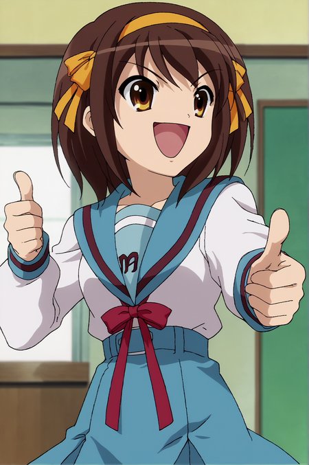 score_9, score_8_up, score_7_up,anime_source, source_anime, best background, detailed background, anime screencap,  haruhi suzumiya, Haruhi Suzumiya, Student Uniform, thumbs up, solo, dynamic angle, happy, looking away, indoors, <lora:JN_Haruhi_Suzumiya:0.8>
