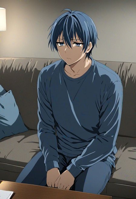 high resolution, solo, best quality, 1Boy, Tomoya Okazaki, Grey Blue Hair, deep talk, depression, sit, couch, OverallDetail