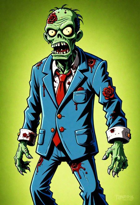 rubber_hose_character, a zombie in a dirty suit,