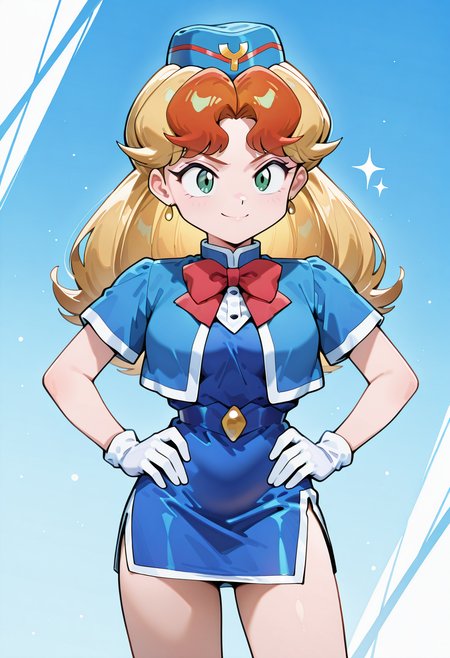 masterpiece, best quality, very aesthetic, absurdres, 1girl, solo, 1990s \(style\), 
<lora:yat_uniform-illustrious_v02:0.8>, yat_uniform, garrison cap, blue cropped jacket, blue dress, short sleeves, red bow, bowtie, gloves, white gloves, pencil skirt, side slit,
<lora:kanea_marigold_v01:0.9>, kanea_marigold, kanea_swimwear, blonde hair, red hair, multicolored hair, green eyes, smile, hands on own hip, upper body