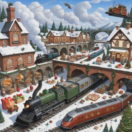 train station, bridge, window, science fiction, traditional media, motor vehicle, day, vehicle focus, road, gift, railway, christmas, food, cloud, box, cake, fireplace, plant, weapon, snow