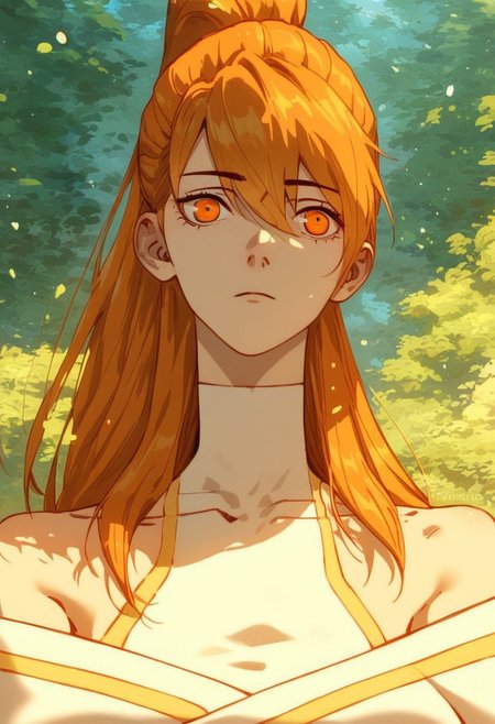 (score_9, score_8_up, score_7_up, score_6_up), 
xiaoninger, 1girl, ponytail, long hair, orange hair, bangs, orange eyes, bare shoulder, breasts, collarbone, hair between eyes, masterpiece, best quality, portrait, green pastures, head tilt, looking at viewer, facing viewer, dynamic angle, golden light,light particles