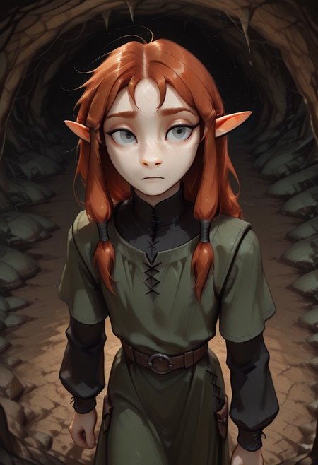1person, (Lapanya), Malgha, freckles, pointy ears, Long-sleeve black shirt, green tunic,
Close up, high angle,
Underground, organic cavern,
Cartoon style,