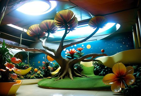 Photograph, masterpiece,best quality, of An astonishing award winning, art installation, the interior of an incredible starship, poly acrylic resin molded tree sculptures, fake plastic flowers, 1970s Brazilian Tropicalia retrofuturism, in the style of Pipilotti Rist, complex shadows, retro, science fiction style
