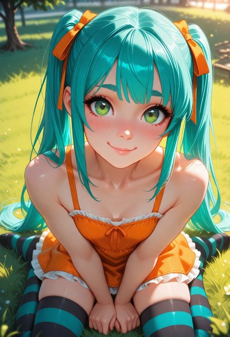 masterpiece, best quality, amazing quality, volumetric lighting, (by_neoartcore:0.1), BREAK, 1girl, 25 years old, 
detailed face, portrait, face focus, depth of field, looking at viewer, blush, shy smile, 
green eyes,
aqua hair, long hair, twintails, sidelocks,  thick eyebrows, eyebrows hidden by hair, hair ribbon,  orange ribbon, 
frilled dress, orange dress, sleeveless dress, bare shoulders, collarbone, 
striped thighhighs, black thighhighs, aqua thighhighs, 
sitting, wariza, hand between legs, v arms, no shoes, 
on grass, park, from above,
looking at viewer,