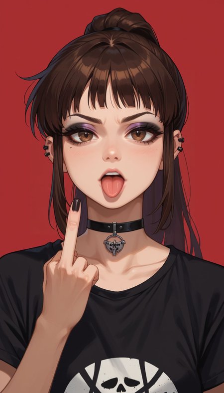 score_9, score_8_up, score_7_up, score_6_up, , solo, 
 <lora:Kyonko:0.8> kyonko, 1girl, ponytail, long hair, brown hair, brown eyes, , sblack shirt, t-shirt, black choker, goth, eyeliner, eyeshadow double middle finger, tongue out,