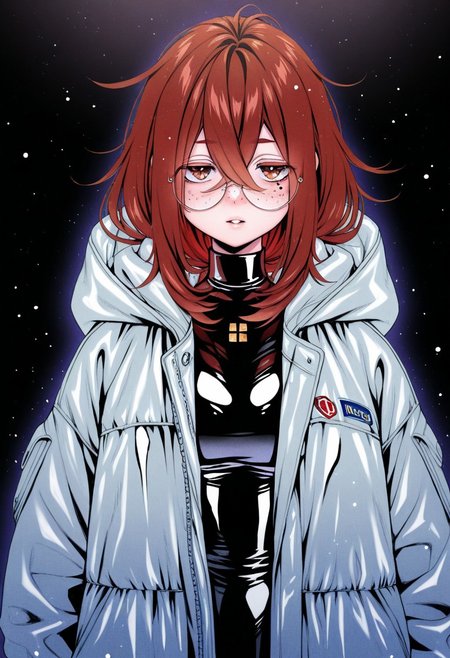 hogerarara, traditional media, highres, official_art, parted lips, looking at viewer, round eyewear, detailed face, freckles, red hair, brown hair, hair between eyes, mole under eye, oversized jacket, shiny clothes