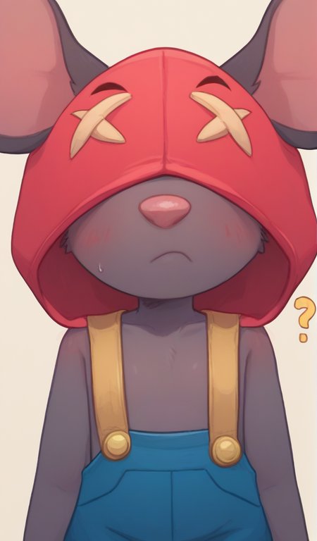Score_9, Score_8_up, Score_7_up   <lora:bsmoe:1>,bsmoe ,mouse girl , furry female , red hood ,no visible eyes ,overalls,  flat chest , no nipples  ,  <lora:PossumMachine:1>posmach    , blush , confused ,??? ,looking at viewer, nervous, upper body,  portrait,