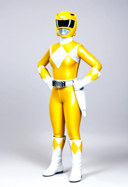 figurine, figurine, figurine of bald female yellow-power-ranger, alone, morphed, helmet, yellow catsuit, white gloves belt boots holster, standing square-on, plain grey studio background, arms down by sides, full body photo, hyperdetailed photography