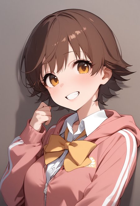 1girl,blush,collared shirt,honda mio,hooded track jacket,long sleeves,pink jacket,school uniform,solo,upper body,white shirt,looking at viewer,yellow bowtie,hood down,pink hoodie,dress shirt,grin,hooded jacket,simple background,teeth,<lora:a31_char_new_honda_mio-000012:1>masterpiece, best quality, absurdres<lora:a31_style_koni-000010:0.8>
