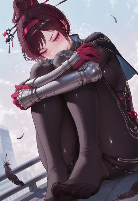 qiandai,  outdoors, undershirt, falling feathers, black bodysuit, hair stick, hugging own legs, , gauntlets,   eyeshadow,   red gloves,  high ponytail,  , black capelet, red hairband, pink eyes, 1girl, solo, feet, visible breath,   dynamic angle, foreshortening, smell, steam,