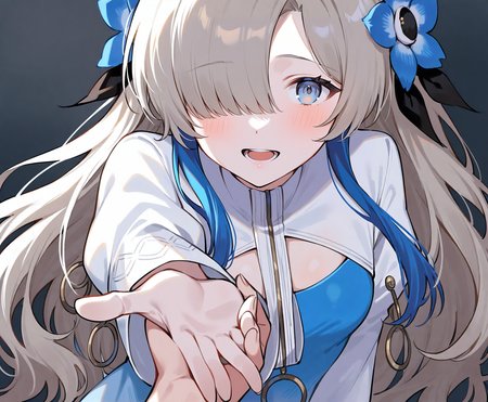 1girl, isekaijoucho, isekai joucho,
blue hair flower, gray wavy long hair, hair over one eye, multicolored hair, white blue two-tone dress, blue white gradient dress, puffy long sleeves, white pantyhose, high heel boots,
reaching, reaching towards viewer, close-up, portrait, pov, foreshortening, trying to hug, yandere,
masterpiece, best quality, very aesthetic, safe,
<lora:neg4all_bdsqlsz_xl_V91:1>,   <lora:Isekaijoucho_anmgn31_D-B:0.6>