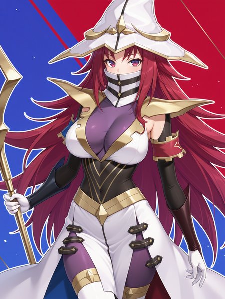 beyond the pendulum, 1girl, solo, staff, white wizard hat, high collar, holding staff, looking at viewer, multicolored elbow gloves, covered mouth, cowboy shot, large breasts, outline, white dress, standing, medium breasts, purple bodysuit, red background, blue background
masterpiece,best quality,amazing quality,very aesthetic,absurdres,newest,<lora:Beyond the Pendulum illuXL v1:0.72>,