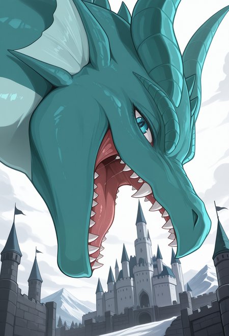 masterpiece,best quality,amazing quality, 1boy, solo, t1m43us, dragon, open mouth, looking at viewer, close up, side angle, castle,