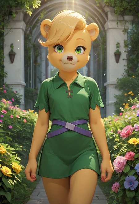 (masterpiece:1.5), best quality, ultra-detailed, (high res), cinematic lighting, beautiful lighting, high quality, studio quality, detailed, insanely detailed, extreme detail, refined detail, perfect detail, max detail, smooth lighting, detailed background, hyper detailed body, beautiful lighting, vibrant lighting, global illumination, absurdres, high-res, dynamic lighting, score_9, score_8_up, score_7_up, ponypositive, 1girl, solo, solo focus, looking at viewer, (narrow waist, skinny, slender body, slim), (outdoors, floral garden), bright lighting, daylight, sunshine, cute, kawaii, (closed mouth), happy, ((standing)), alone, gleaming eyes, big eyes, ((cowboy shot)), (arms at sides), perfect eyes, perfection, sunni gummi, anthro, bear girl, blonde hair, yellow fur, yellow body fur, green eyes, green tunic, green boots, buckled waistband, ear tuff, blue flowers, daytime, Blue sky, clouds, perfect paws, sweeping bangs, cat paws, detailed paws, fluffy fur, (not human), 3D blender, smile, posing, (close up), chibi,
