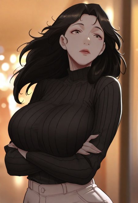 masterpiece, best quality, amazing quality, very aesthetic, absurdres,
hansomi, 1girl, solo, long hair, black hair, brown eyes, large breasts, mature female,
outfit6, sweater, black sweater, ribbed sweater, pants,
crossed arms under breasts, colorful, cinematic atmosphere, high contrast, blurry background, wind, moving hair