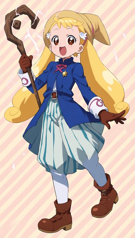 anime artwork of score 9,score_8_up,score_7_up,source_anime,masterpiece,best quality,(parody:1),(anime screencap:1.2),
BREAK
(makihatayama hana:1),1girl,twintails,blonde hair,brown eyes,ornament,hairband,solo,
BREAK
bmcostume,hat,jacket,(vertical stripes skirt:1.2),holding wooden staff,gloves,electricity from staff,
BREAK
smile,cute pose,(magical background:1.2),abstract background,
<lora:hana_makihatayama_xl_for_pony_xl_v01:0.8>,<lora:BlackMageCostumeSDXL-V1:1>,<lora:hand 4:1>,