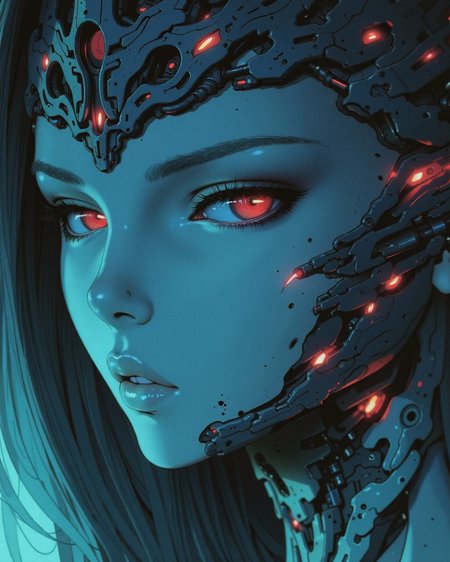 digital art, portraying a beautiful etheral sci-fi android of legendary power, a empress inspired by ghost in the shell,
Style Reference: inspired by H.R. Giger’s biomechanical elegance, ghost in the shell anime movie, high-fashion, and cyber-pharaoh symbolism. Think Blade Runner in deep space.
Composition: intimate portrait close-up, cool-toned lighting, soft shadows, detailed focus on the cybernetic empress