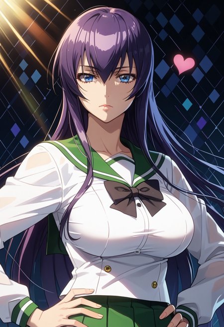 score_9, score_8_up, score_7_up, 1girl, looking at viewer, sunlight, abstract background, argyle background, rainbow, heart, upper body, close-up, portrait, 
<lora:Saeko_Busujima_Dwnsty_r1:0.8>, saeko_busujima, purple hair,  blue eyes, long hair, hair between eyes, school uniform, serafuku, green skirt, long skirt, pleated skirt, black bowtie,
lips, expressionless, large breasts, skindentation,  mature female, hands on own hips,