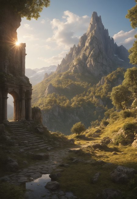 (ruins, broken, snow, dappled sunlight:1.2), sun, tree, forest, scenery, rock, reflection, ancient, overgrown, mountains, sunset, clouds, mountainous horizon, fantasy, medieval, 1other, looking away (masterpiece, exceptional, best aesthetic, best quality, masterpiece, extremely detailed:1.2), in the style of umempart
 (8k uhd:1,4)
 <lora:add-detail-xl:1>
 <lora:Dynamic Poses:1>