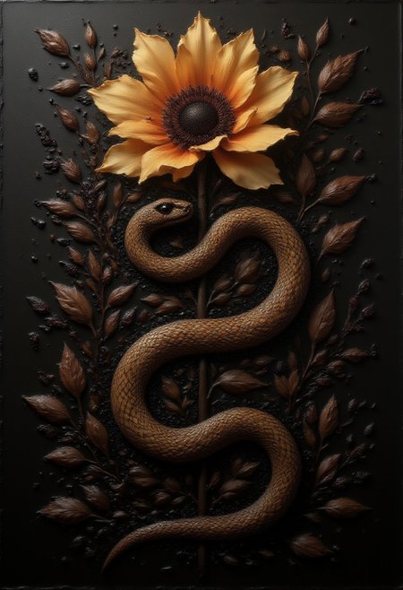 aidmayearofthesnake, oil painting featuring a snake and a golden flower on a completely dark canvas