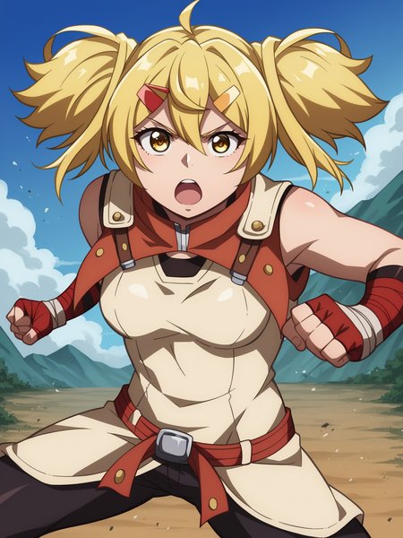 score_9, score_8_up, score_7_up, source_anime,
<lora:OiKatzo_epoch_03:1.0>
OiKatzo, yellow eyes, 1girl, blonde hair, hair between eyes, hair ornament, bangs, solo, short twintails, twintails, hairclip, incoming punch, fighting stance, 
combat-outfit, clenched hand, punching, medium breasts, bandages, fingerless gloves, thigh gap, raised fist,