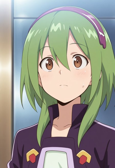 masterpiece,best quality,amazing quality, source_anime, 
FutabaTsukasa, 1boy, male focus, solo, brown eyes, green hair, hairband, collarbone, white shirt, purple jacket, cropped jacket, long sleeves,