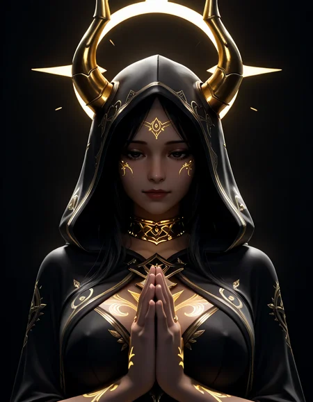 (masterpiece, best quality, ultra-detailed, absurdres, newest, detailed textures, correct anatomy:1), 
<lora:RyanreosILv4:0.25>, ryanreos, 3D, <lora:MikaDawn3D_-_3D_Style_Illustrious:0.25>, MikaDawn3D, drawn outlines, 2d/3d hybrid, <lora:3D_Crayon:0.25>, <lora:B8M8-Illustrious:0.25>, b8m8, 
a woman with a dark, gothic aesthetic, intricate black and gold tattoos covering her face and body, praying with her hands together in front of her chest, wearing a hooded cloak with matching tattoos, golden horns on her head, halo of gold light behind her, intense and mysterious expression, dark background, high contrast, detailed textures, fantasy, surreal, ethereal, elegant, serene, powerful, spiritual, captivating, mesmerizing, high detail, intricate design, dramatic lighting, <lora:Utility_-_Hands_v5.5:1>